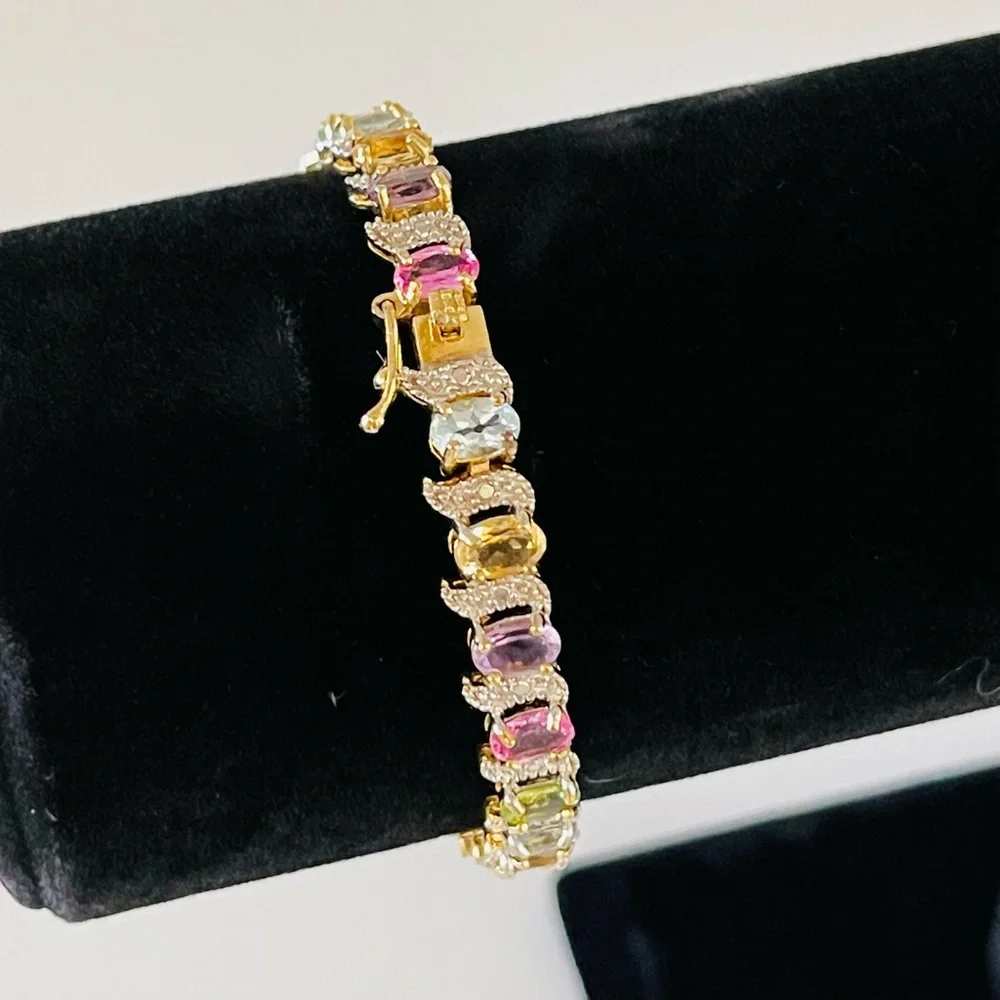 18K Yellow Gold over S/S, Gemstones 12.00CTW, Oval Bracelet w/Diamond Accent - Picture 2 of 13